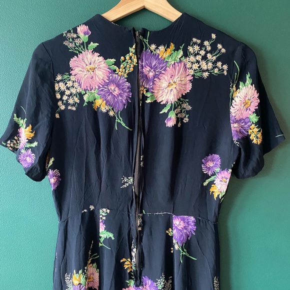 Vintage 40s 50s Rayon Dress Floral Print Navy Blue Small Medium - Picture 4 of 5